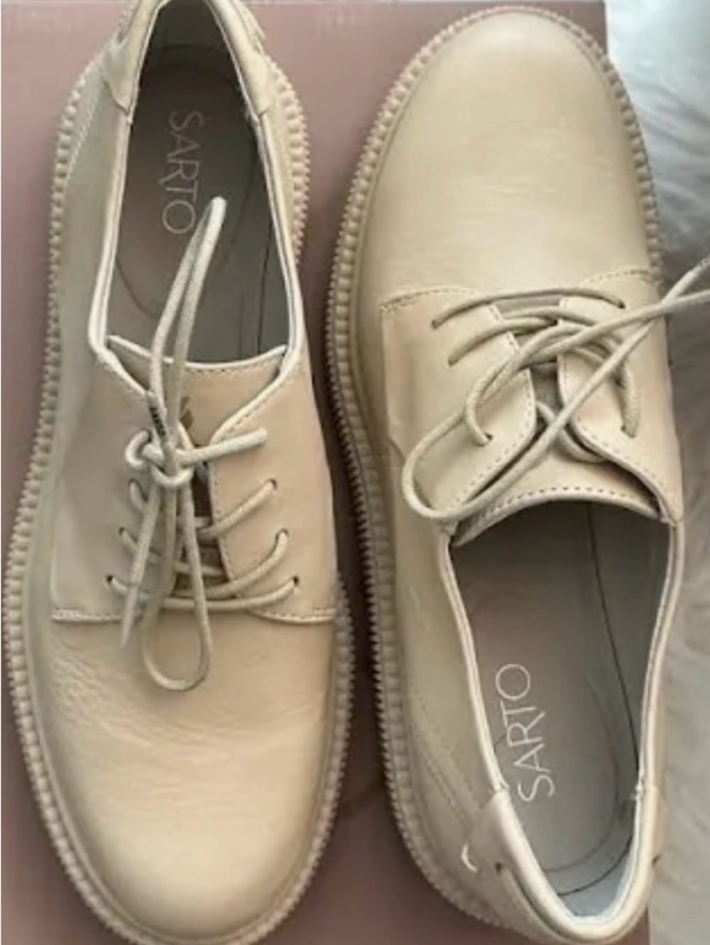 Franco Sarto Cream Lace-Up Leather Flats